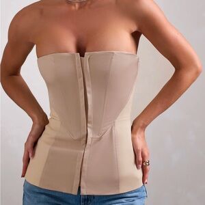 ILLUSIVE
STONE SATIN-BLEND STRAPLESS PANELLED CORSET TOP